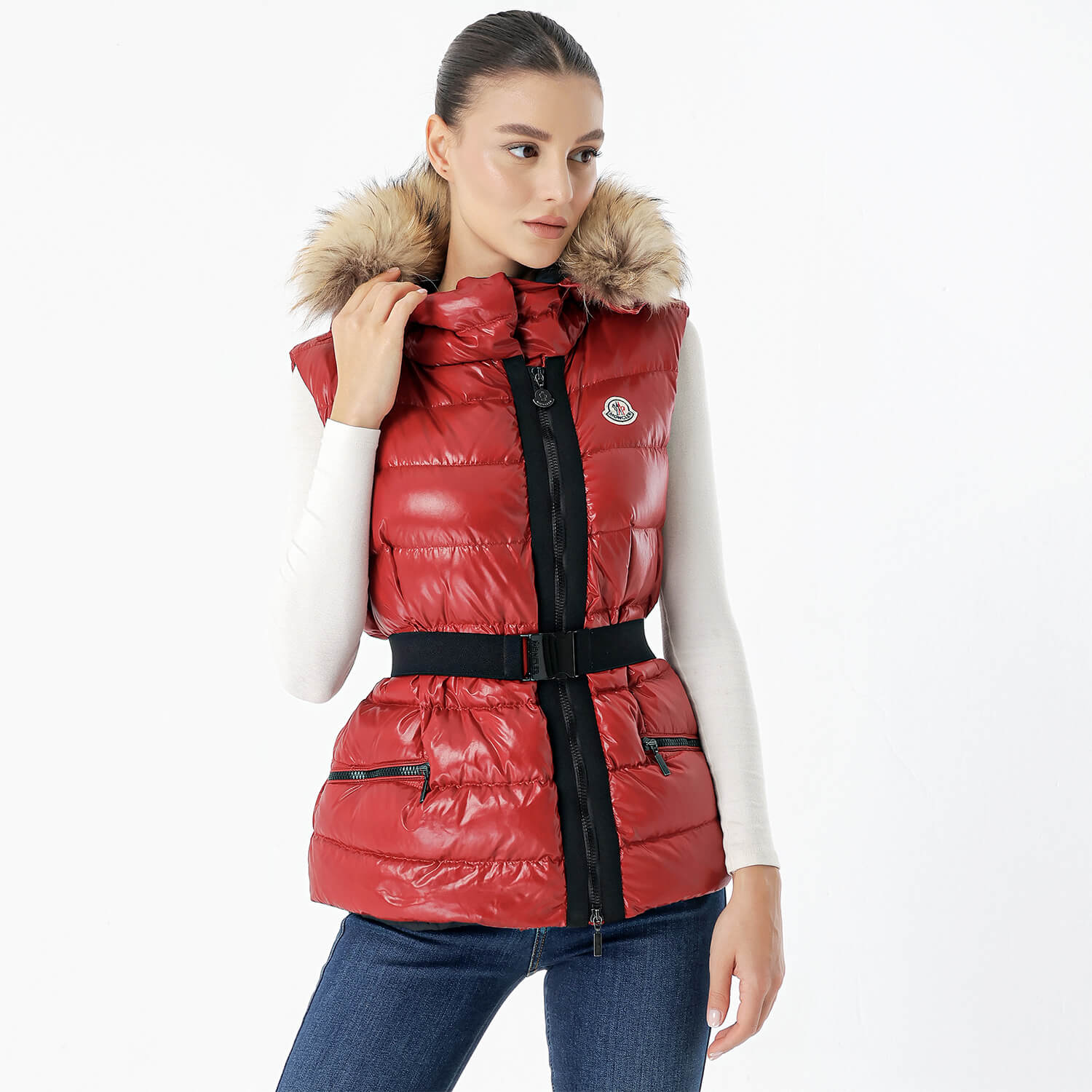 Moncler - Red Puffer & Fur Gilet Hodded Lightweight Coat